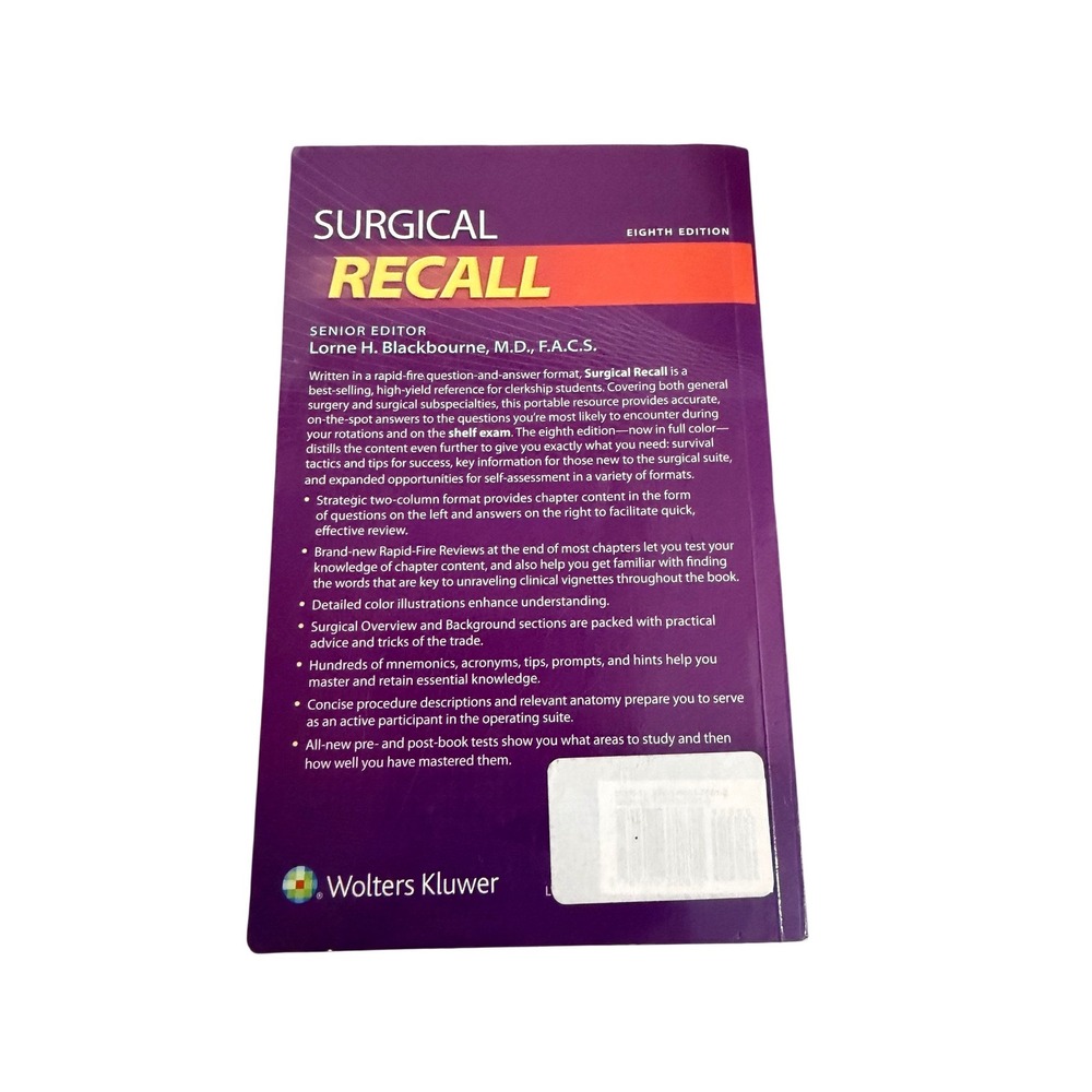 Wolters Kluwer Surgical Recall 8th Edition Lorne Blackbourne Paper Back - Picture 2 of 12